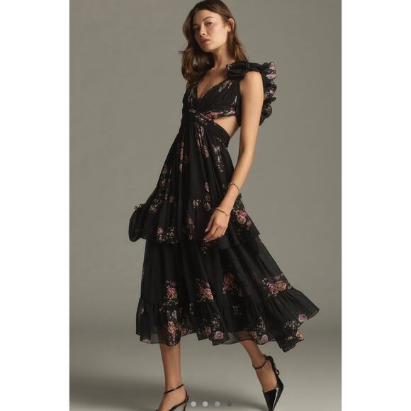 IEENA for Mac Duggal Dresses & Skirts - Mac Duggal Black Ruffle Tiered Cut-Out Floral Print Chiffon Dress